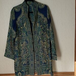 Paisley-Print Women’s Long Mandarin Jacket Coat Boho 70s Wearable Art Teal/Blue